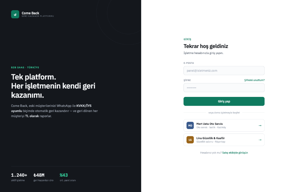 Come Back Ekranı 1