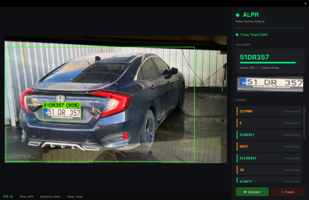 YOLO Tabanlı Plaka Tanıma Sistemi arayüzü