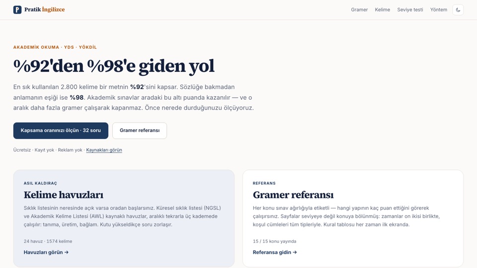 Pratik İngilizce ana sayfası: kelime kapsama oranı ve gramer referansı